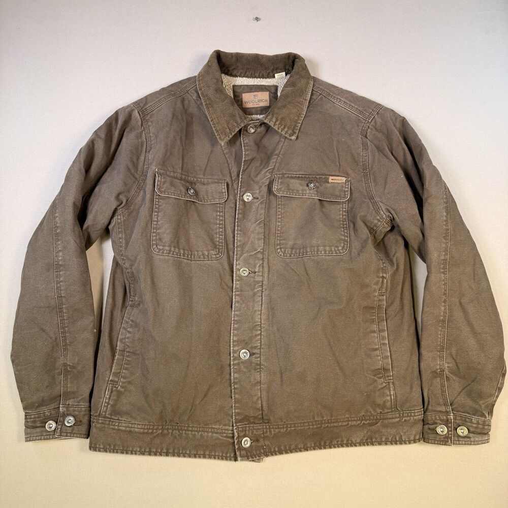 Woolrich Sherpa Lined Jacket LG Mens Brown Canvas Barn/Chore Trucker Shirt Coat